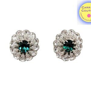Vintage 1960s Signed Vendome Faux-Emerald & Clear Rhinestone Clip Earrings